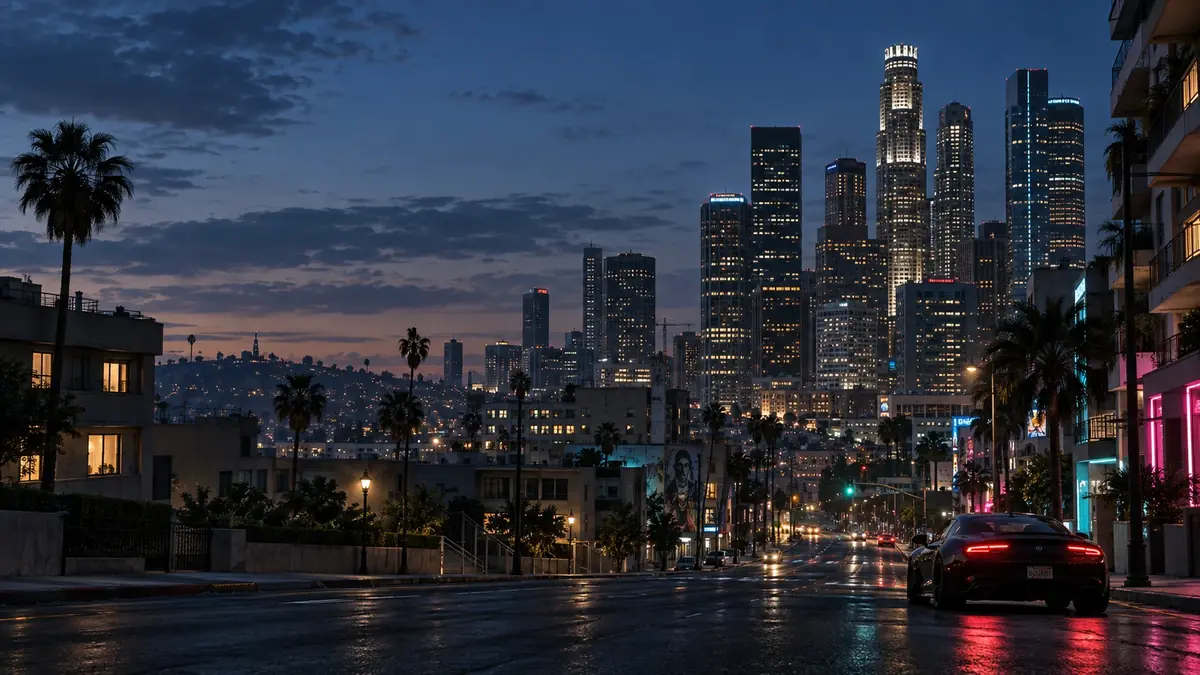 A neon-lit city street beneath the downtown skyline at dusk